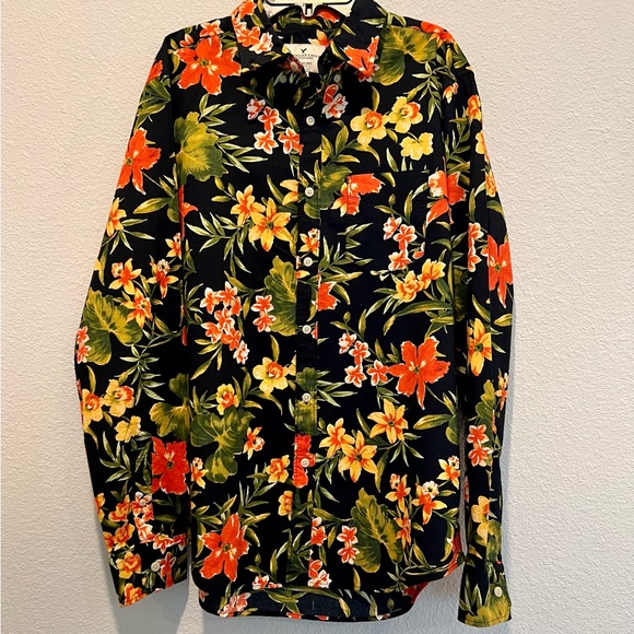 American Eagle Seriously Soft Vibrant Hawaiian Floral Tropical Print Shirt M - Picture 2 of 5